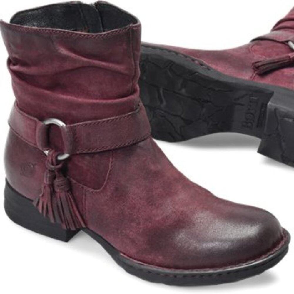 Born Cory Mulberry Suede Distressed Burnished Leather Harness Ankle Bootie 6.5M